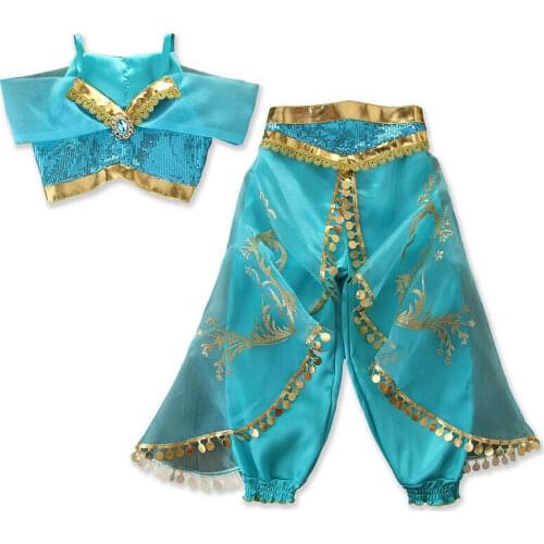 Kids Aladdin Costume Princess Jasmine Outfit Girls Sequin Party Fancy Dress Cosp