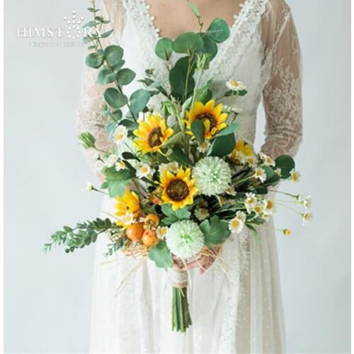 HIMSTORY Bridal Bouquet Yellow White Flower Boho Bouquet Artificial Silk Floral Bouquet Wedding Bouquet Wedding Accessories
