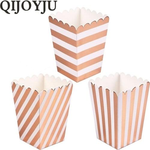 QIJOYJU 8pcs Rose gold Striped Paper Popcorn Box Birthday Wedding Xmas New Year Party Decoration Candy Sanck Box party favor
