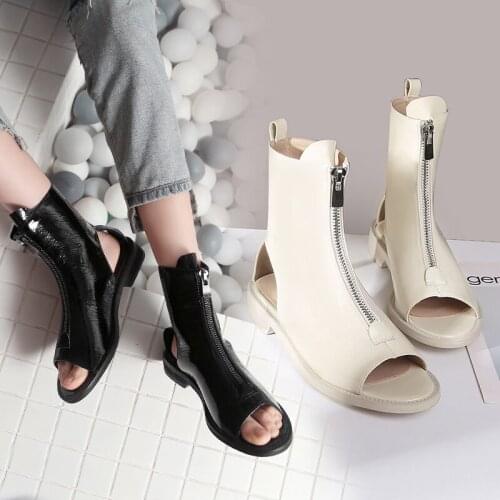 Cool summer peep toe boots flat ankle boots for women patent leather zip peep toe gladiator punk shoes woman bootie