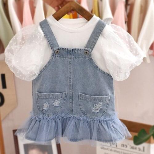 Summer childrens suit girls bubble T-shirt fishtail strap denim skirt two-piece dress