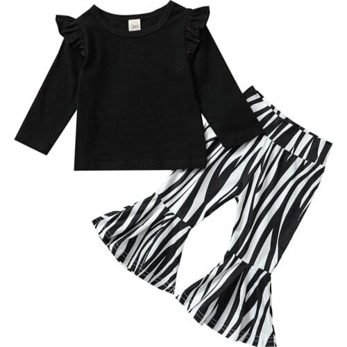 2021 0-4Y Fashion Kids Baby Girl Clothes Set Black Solid Long Sleeve T-shirt+Striped Flare Pants Spring Fall 2pcs Outfits