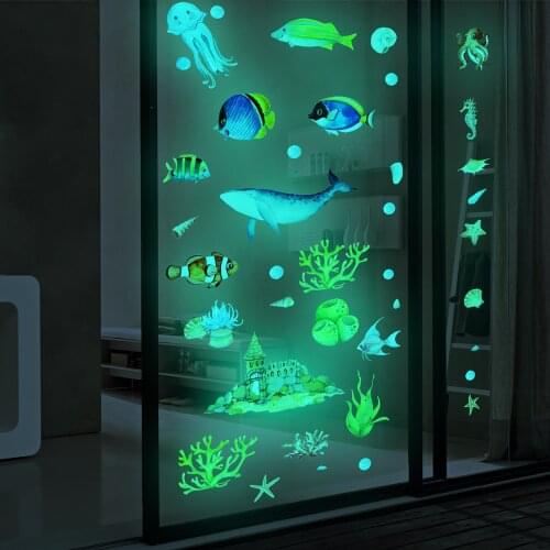 Cartoon Luminous Wall Stickers Underwater World Shark Fish Kids Room Decor Waterproof Bathroom Decoration Glow In The Dark