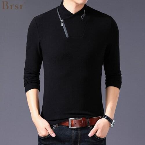 BRSR Spring And Autumn New Style Cotton Mens T-shirt Long Sleeve T Shirt Men Solid Color Zipper Print Collar Oversized Tee Tops