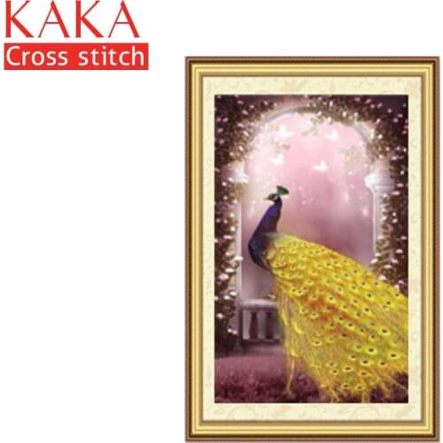 KAKA Cross stitch kits,5D Golden Peacock,Embroidery needlework sets with printed pattern,11CT canvas,Home Decor Painting