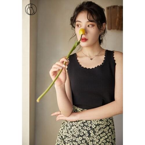 DUSHU Plus Size Casual Knitted Tank Top Women Summer Sleeveless Sexy Black Cami Top White Lace Elegant Basic Female Tops 2021