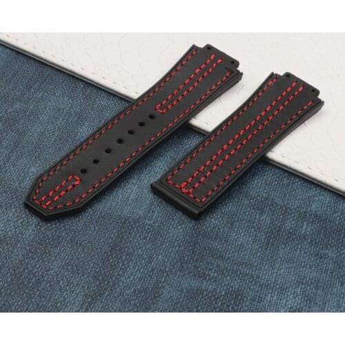 25*17mm Black red line real cow leather For Hublot strap for Big Bang belt Men Watchband watch band logo on stainless buckle
