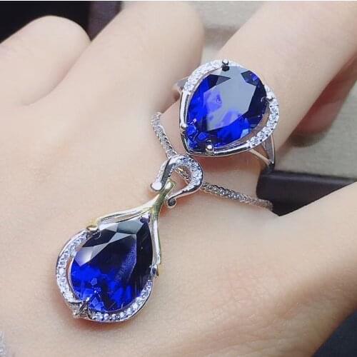 The best gift for Anniversary Real Natural Sapphire jewelry set Natural Real Sapphire 925 sterling silver 1pc pendant,1pc ring