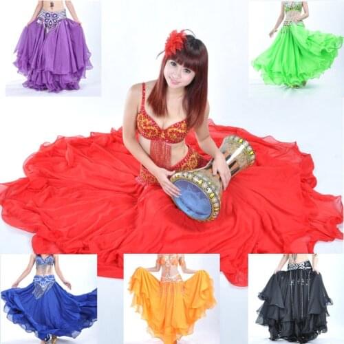 14 colors 3 Layers Chiffon Roll-up Trim Belly Dance Skirt, bellydance Top Quality Dancing Skirts, Long Gypsy Skirts VL-188