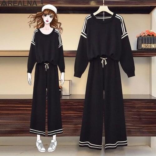 2 piece set women black Fashion Temperament Knitted two piece Casual set women Sweater Pullovers Tops + wide-leg pants Suits 4XL