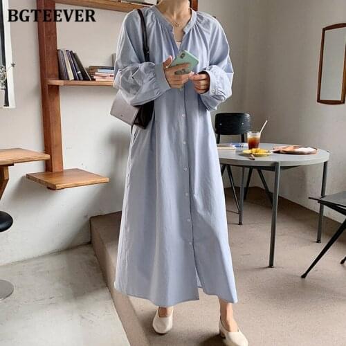 BGTEEVER Chic V-neck Full Sleeve Oversized Female Long Dress Ladies Single-breasted Lace-up Loose Women Dress Casual Vestidos