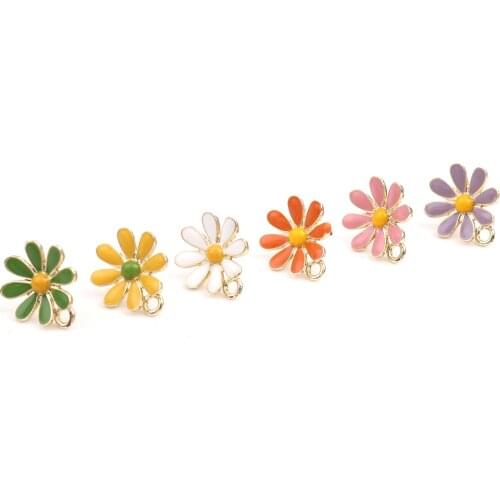 8Seasons Daisy Enamel Earring FlowerEar Post Stud Earrings Findings Zinc Based Alloy Gold Color 17*14mm For DIY Jewelry, 4 PCs