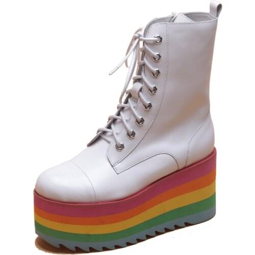 Fashion Rainbow Colors Thick Platform Sole Ankle Boots White Cow Leather Martin Boots Lace-up Thick Sole Short Boots Shoes