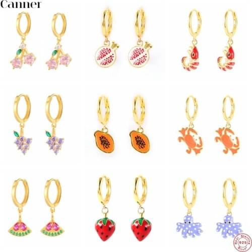 Canner 925 Sterling Silver Aros Papaya Fruits Dangle Charm Hoop Earring Papaya Shrimp Crab Umbrella Circle Loops Piercing Clips