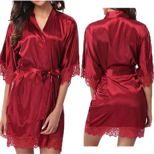 Women Robe Sexy Silk Satin Robes Wedding Pure Color Bridesmaid Bride Gown kimono Lace Female Erotic Sex Clothes