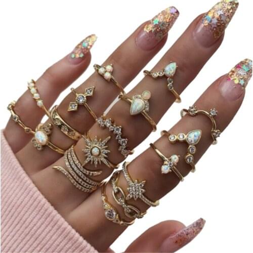 HuaTang 17pcs Gold Star Sun Opal Ring Set for Women Geometric Crystal Knuckle Midi Finger Female Wedding Rings Jewellery 8920
