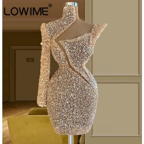 Long Sleeves O-neck Crystal Beaded Short Cocktail Dresses Cut Out Formal Party Dresses Mini Prom Homecoming Dresses
