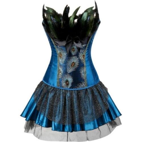 Burlesque Peacock Embroidery Overbust Corset Top with Skirt Bustiers Sexy Feather Dancer Showgirl Corsets Dress Plus Size S-6XL