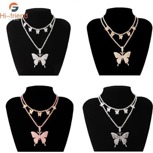 INS Creative Fashion Trends Iced Out Bling Necklace Crystal Butterfly Summer Cold Miami Cuban Necklace Women Men Casual Jewelry