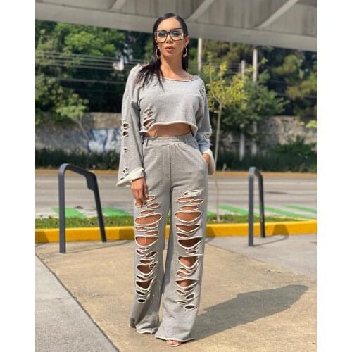 Ueteey New Two-piece Casual Solid O-Neck Hole Design Two-piece Pant Set