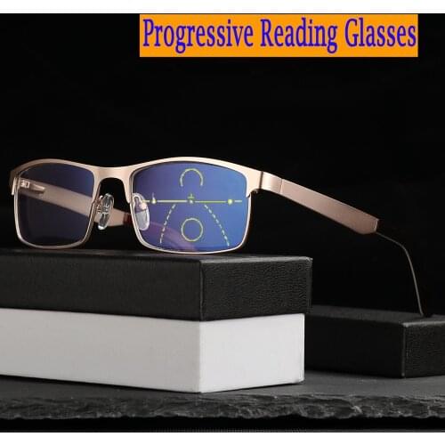 Alloy Frame Anti-blue Light Progressive Multifocal Reading Glasses Men Smart Zoom Bifocal Multifocus Presbyopic Eyewear 1.0-3.5