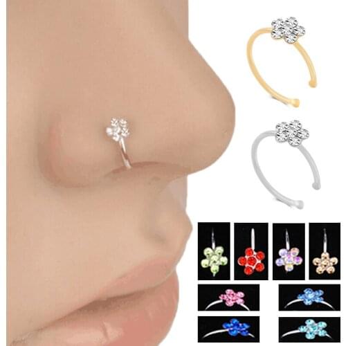 Sale 1PC Small Crystal Women Nose Piercing Clip Flowers Nose Ring Hoop Female Body Fashion Jewelry