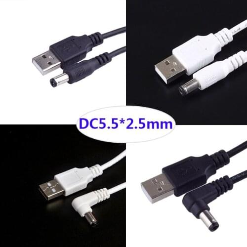 DC Power Plug USB Convert To 5.5*2.5mm/DC 5.5x2.5 White Black L Shape Right Angle Jack With Cord Connector USB Cable