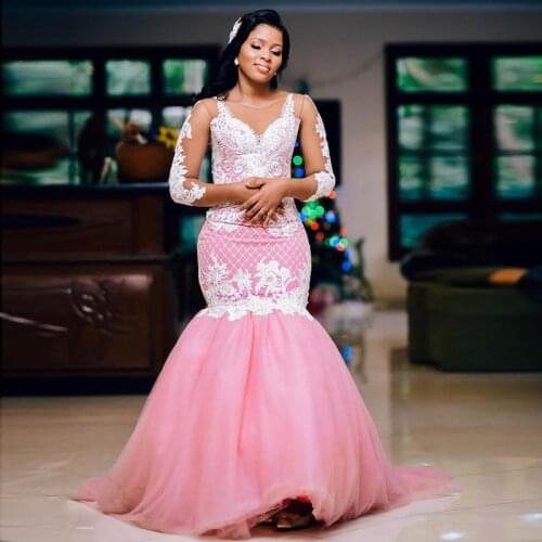 Pink Mermaid Evening Dresses with Full Sleeve White Lace Appliques Second Party Gown Long Trumpet Prom Wears