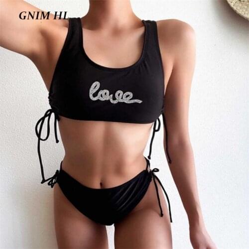 GNIM Sexy Bandeau Black Swimwear Women 2 Pieces Bikini Set 2021 Drawstring Rhinestone Swimsuit Female High Waist Bathing Suit
