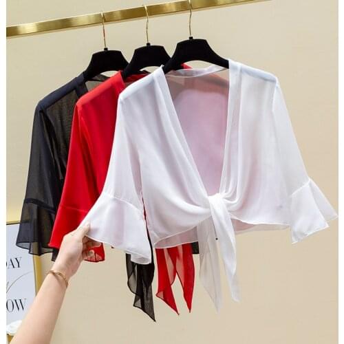 Chiffon Women White Shirts Summer New 2021 Bandage Solid Flare Sleeved Loose Short Empired Office Lady Outwear Tops
