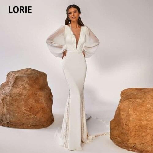 LORIE Boho Wedding Dresses V-Neck Appliques Lace Long Puffy Sleeve Soft Satin Wedding Gown Custom Made Mermaid Bridal Dress 2021