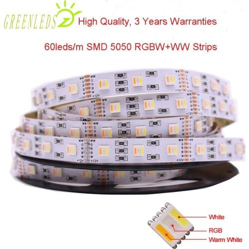 LED Strips IP20 No-waterproof 60LEDs per Meter RGBW+WW Color 14.4w/m DC12V/24V Flexible Strips With 3 Years Warranties