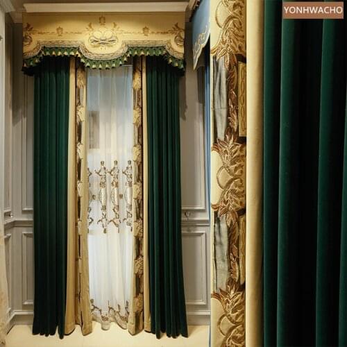 Custom curtain luxury flannel embroidery stitching thick shading dark green cloth blackout curtain valance tulle drape C836