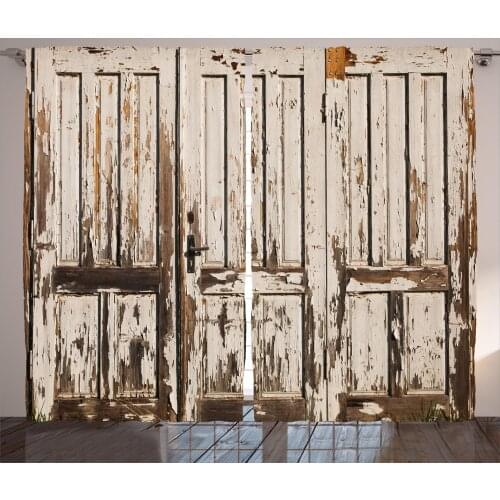 Country Door Curtains Rustic Weathered Wooden Style Satin Fabric Drapes for Living Room Bedroom 2 Panel Window Set