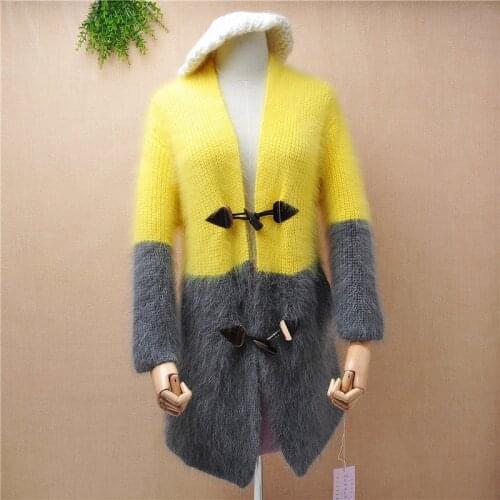 K017 ladies women colored vintage Horn buttons fuzzy mink cashmere long cardigans angora rabbit hair jacket autumn winter coat