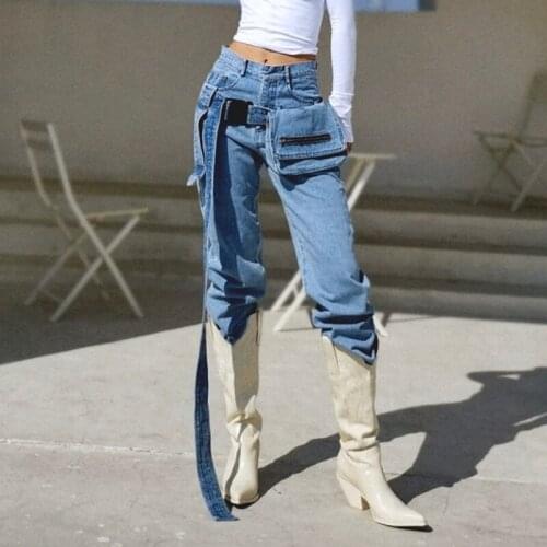 High Street Sashes Pocket Designer Women Jeans New Hip Hop High Waist Straight Loose Denim Cargo Pants Fashion Female Trousers