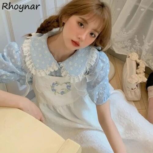 Sets Women Fashion Floral Blue Shirts Peter Pan Collar White Mini Dress Spaghetti-Strap Cute Students Aesthetic Vestido Outfits