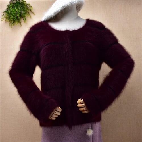 Female women winter clothing hairy mink cashmere knitted wine striped slim cardigan angora fur jacket coat sweater pull tops