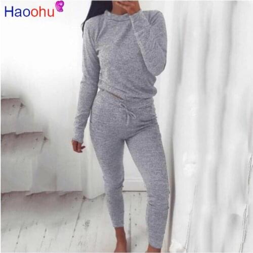 Long Sleeve Home Womens 2 Piece Tracksuit Set Solid O-neck Drawstring Female Sets 2021 New Fashion Casual Running Lady Suit