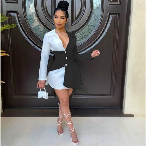 Women spring autumn long sleeve mini bodycon shirt dress vetement femme 2021 Red/black/blue robe femme Ldies patchwork frocks