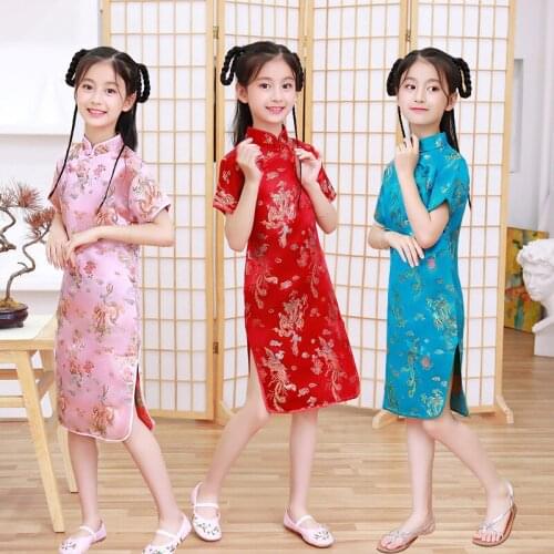Retro Girls Cheongsam Summer New Chinese Dress Mandarin Collar Formal Dress Side Split Qipao Kids Princess Dress Daily Wear