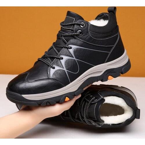 Winter Mens Leather Lace Up High Top Wool Boots Anti-Skid Wear-Resistant Mountaineering Shoe Warm Waterproof Casual Cotton Shoe