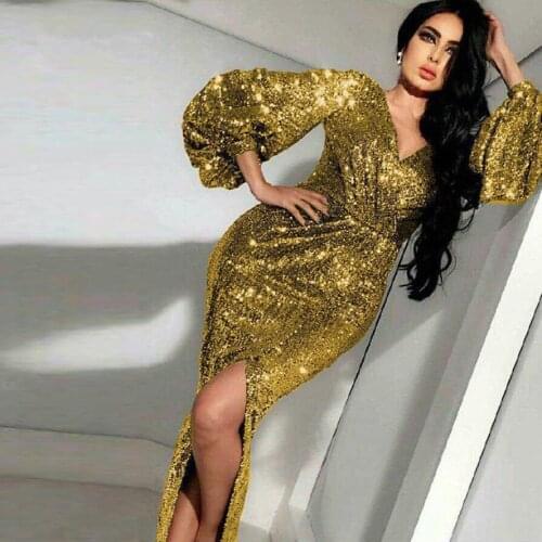 Sparkle Bright Gold Sequined Prom Dresses 2021 High Low Sheath Long Prom Gowns With Puffy Full Sleeves Formal Dresses