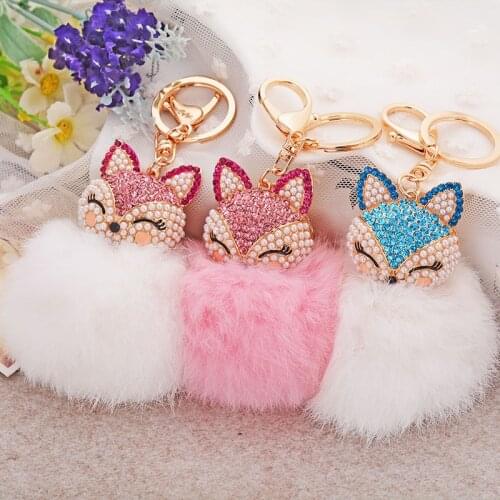 18 Colors Fox Faux Rabbit Fur Alloy Crystal Fine Keychain Bag Ornaments Car Accessories Pendant Keyring Women Trinket Jewelry