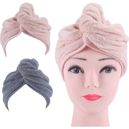 Cotton Hair Towel Wrap, Thicken Velvet Solid Color Super Absorbent Quick Dry Head Turban Cap with Buttons, 4 Colors