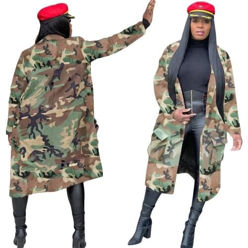 Camouflage Long Trench Women Coat Long Sleeve Turn Down Collar Cardigan Windbreaker Autumn Spring Fall Clothes With Pockets