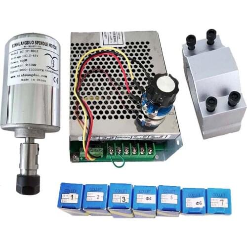 Air Cooled CNC Spindle Motor Kit ER11/ER16 Chuck 200W 300W 400W 500W 12000RPM Spindle Motor + 1pcs Power Supply+1pcs 52mm Clamp