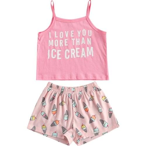 Summer Toddler Baby Girls Casual Suit Sleeveless Letter Print Loose Sling Camisole Cartoon Ice Cream Elastic Waist Shorts