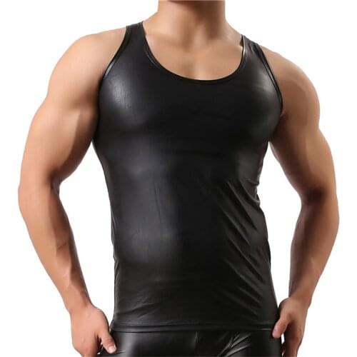 Sexy Men Tank Top PU Leather Sleeveless Streetwear Shirts Stage Show Waistcoat Stretch Undershirts Gay Fetish Tops Plus Size 3XL