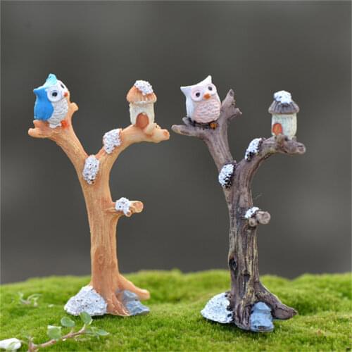 Cute Owl Tree Branch Miniature Ornament DIY Resin Tree Fork Micro Landscape Fairy Graden Bonsai DollHouse Home Desk Decor